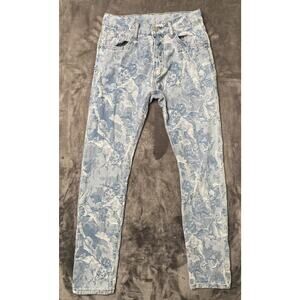 Mnml Angel Babies Button Fly Jeans Men's 28 Blue Embroidered All Over Straight